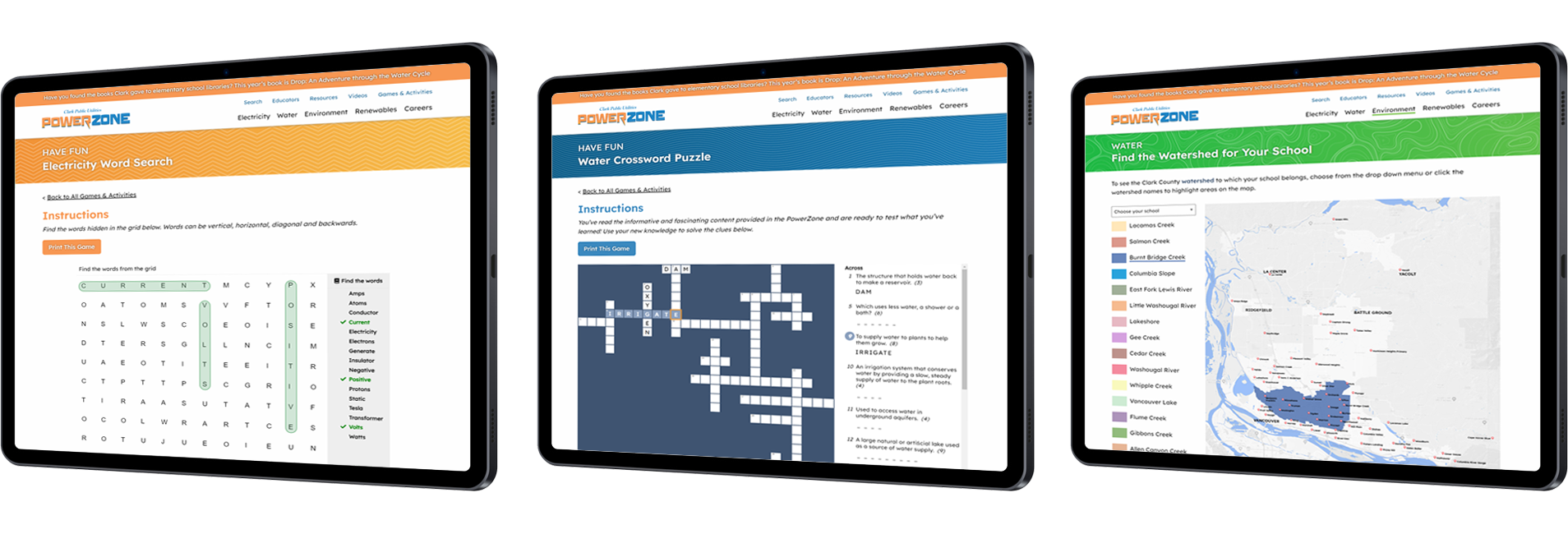 PZ-games Portfolio website design tablet Clark PowerZone