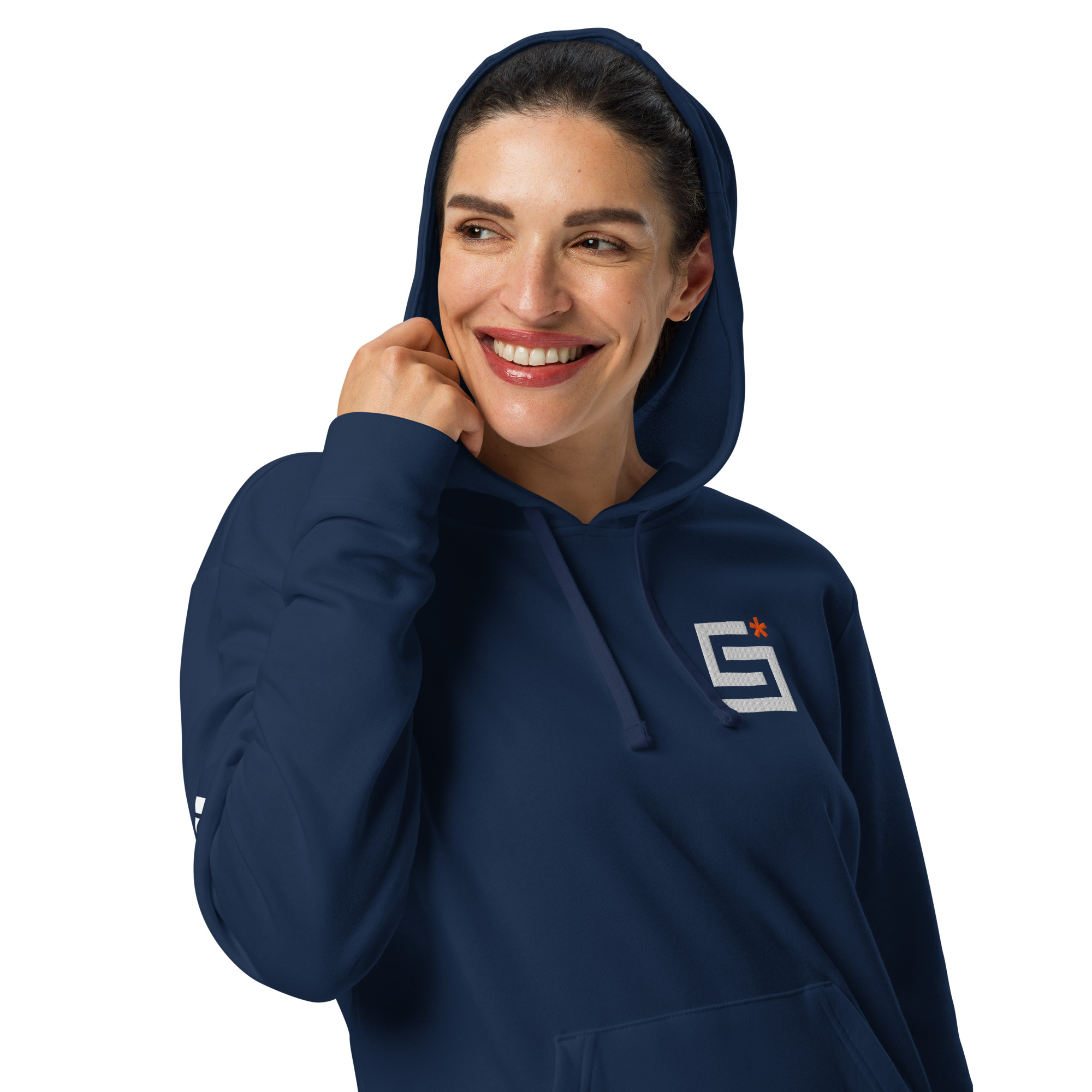 Close up of a person wearing a navy hoodie with stellaractive logo at an angle