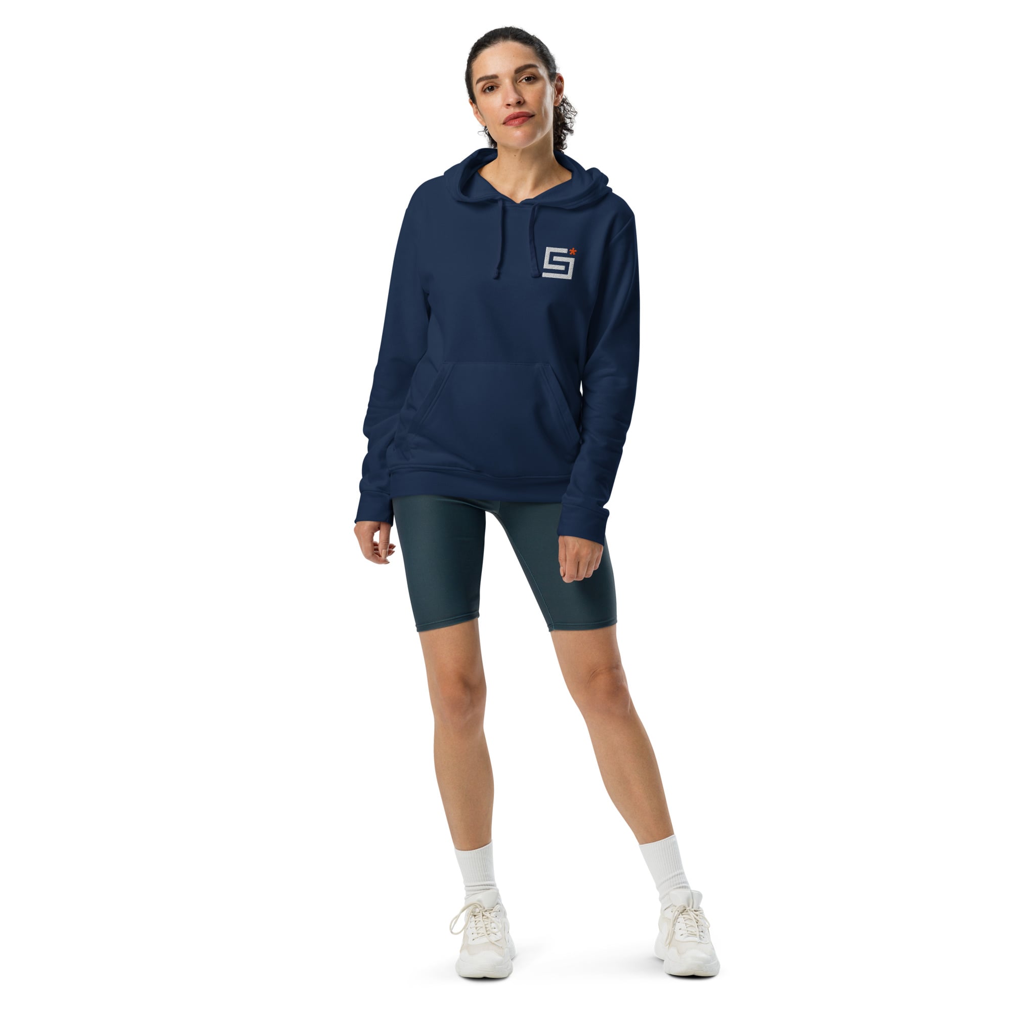 Person wearing navy hoodie with stellaractive logo facing forwards
