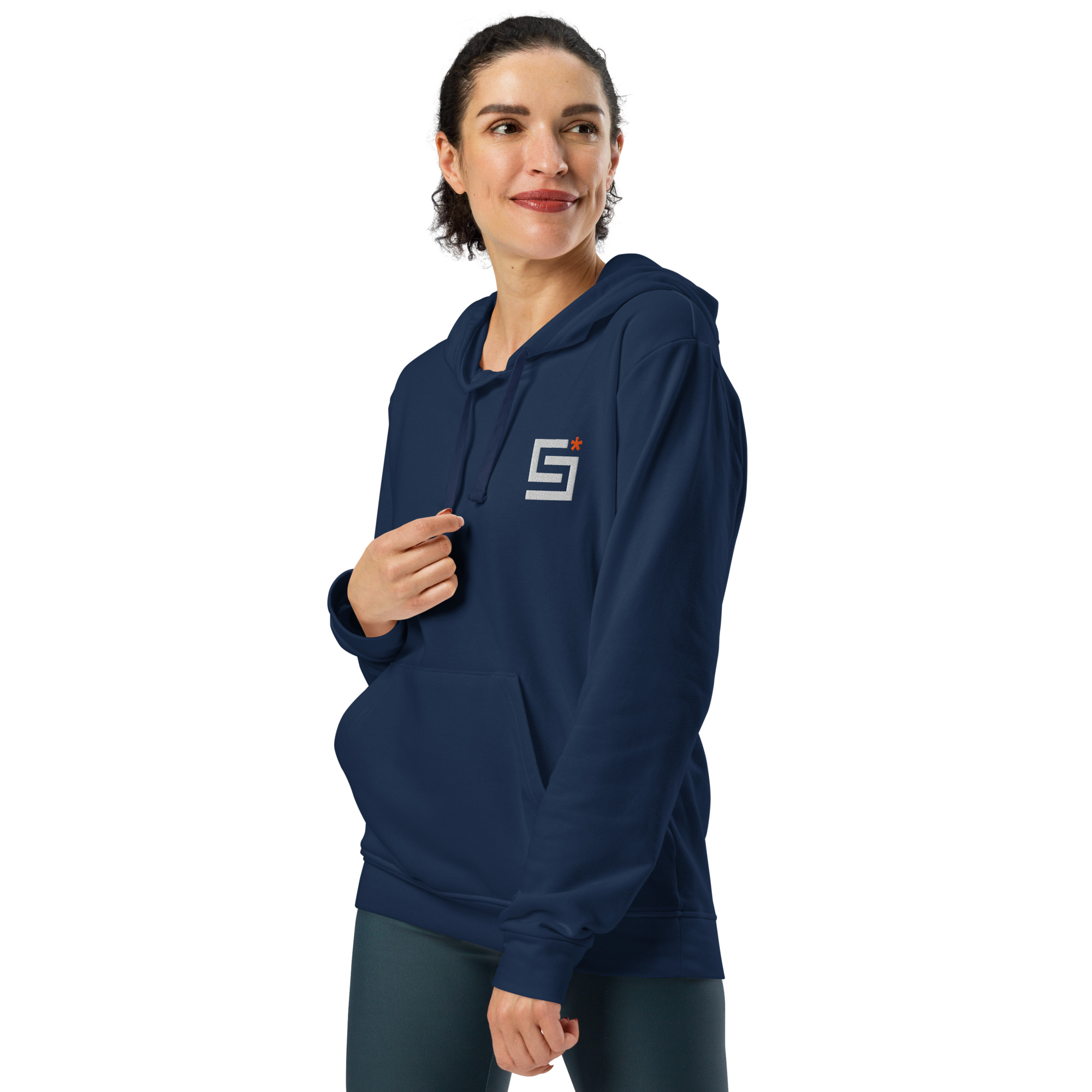 Person wearing navy hoodie with stellaractive logo at an angle