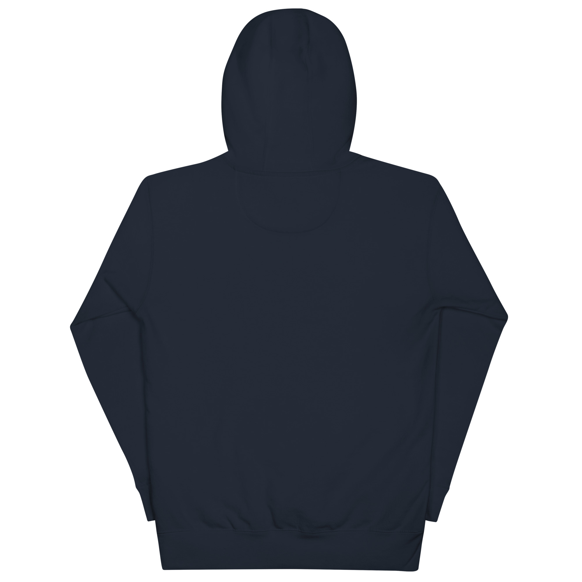 Navy hoodie back view, showcasing simplicity in design. Ideal for casual wear, not directly linked to digital marketing.