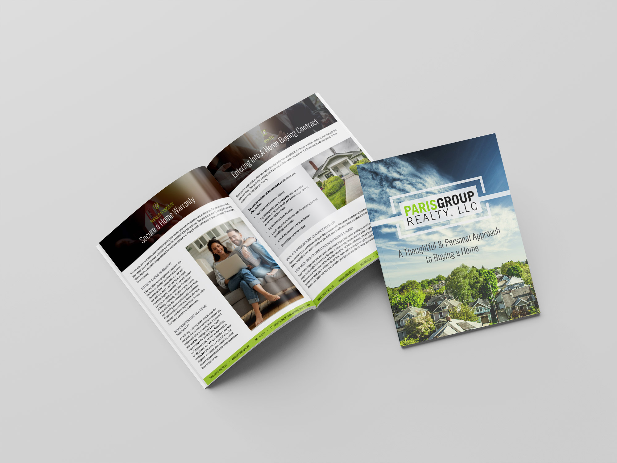 PGR-guide Paris Group Realty brochure showcasing home buying process. Vibrant design aligns with strategic marketing and branding goals.