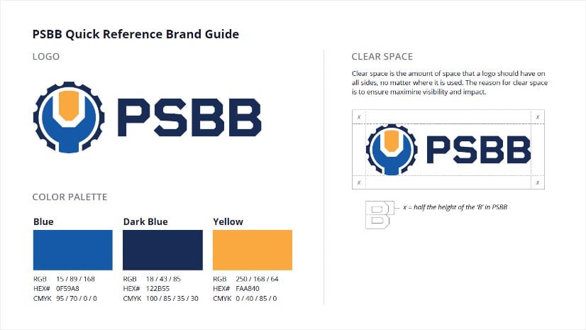 PSBB-quick-brand-guide PSBB brand guide showcasing logo, color palette, and clear space details for enhanced branding and design consistency.