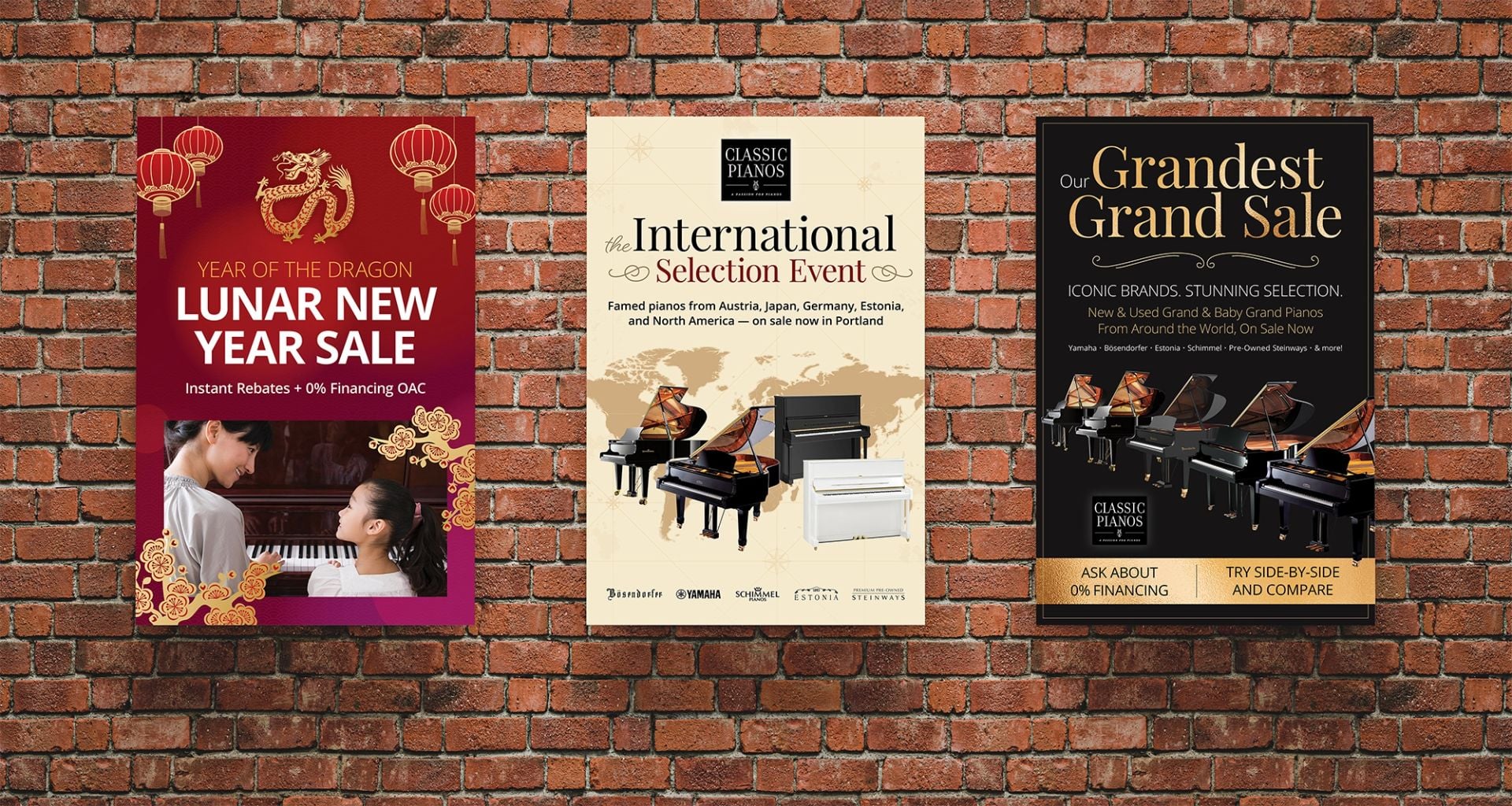 CP Posters on Brick Wall Mockup Classic Pianos sale posters on brick wall featuring international piano brands and events, showcasing grand and baby grand pianos.