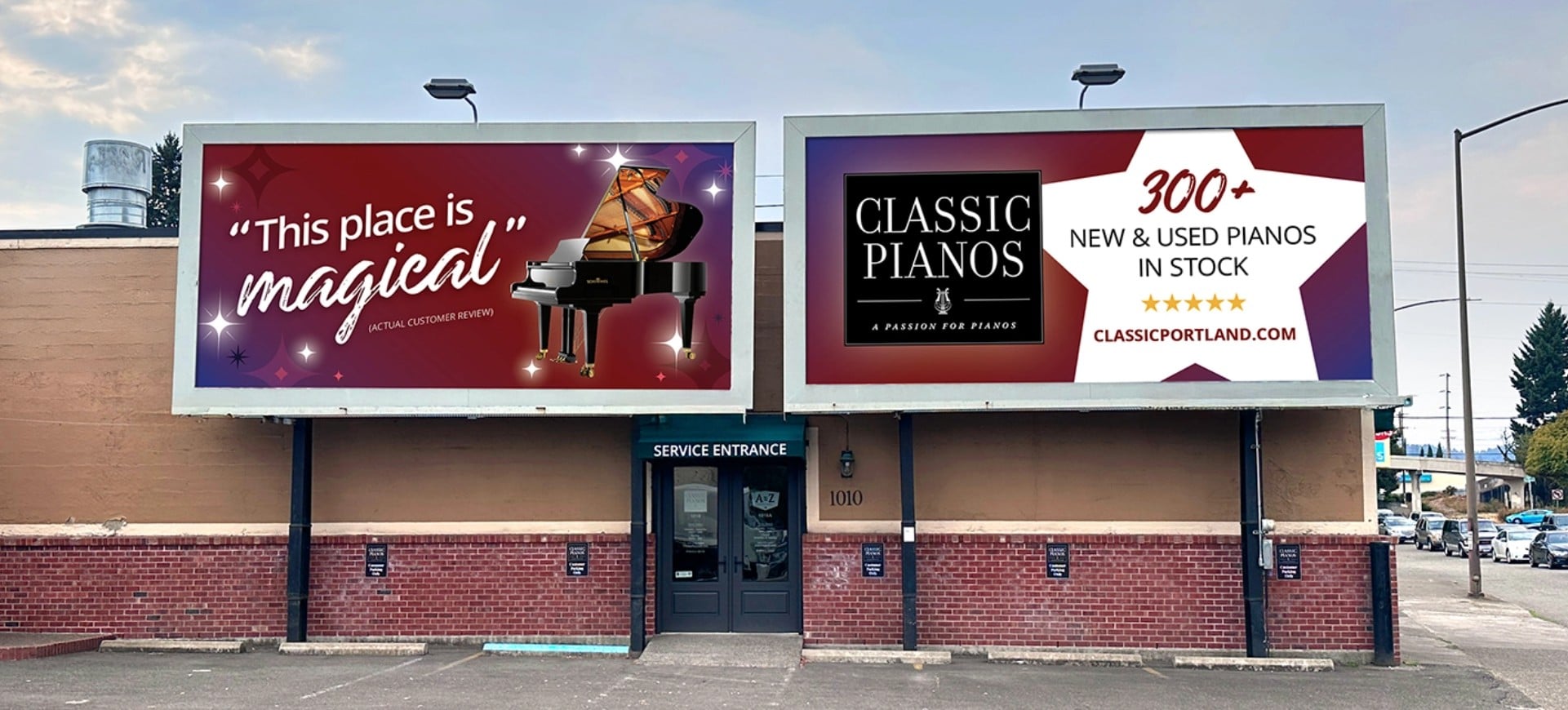 Classic-Pianos-Magical-Billboard Billboards showcasing Classic Pianos' inventory highlight brand visuals and customer engagement focus.