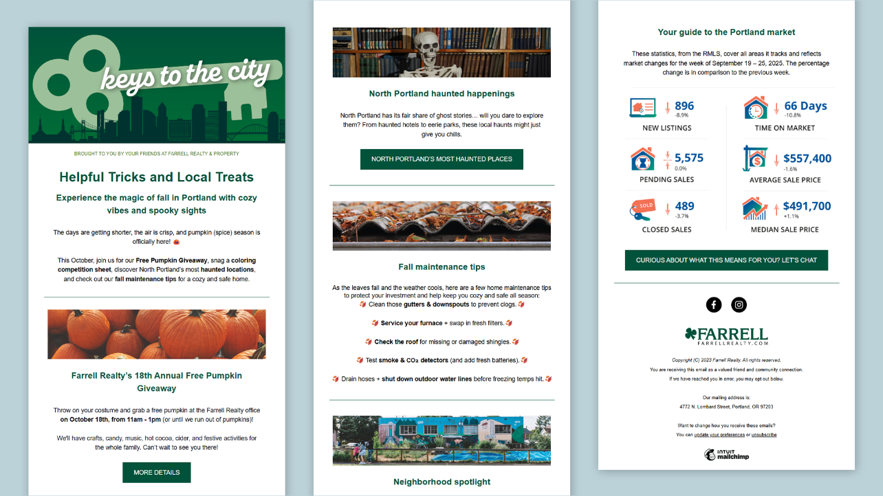 FR26email-newsletter_Mockup Farrell Realty newsletter featuring Portland market insights, maintenance tips, and haunted happenings.