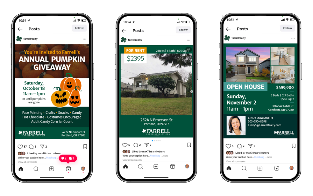 Farrell-social-insta_Mockup Three mobile screens display real estate social posts with event details and property listings from Farrell Realty.