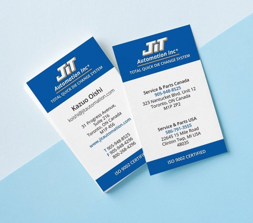 JIT-business-cards-mbl-2 Business cards showcasing contact details and branding for JIT Automation Inc., emphasizing professional networking in industry.