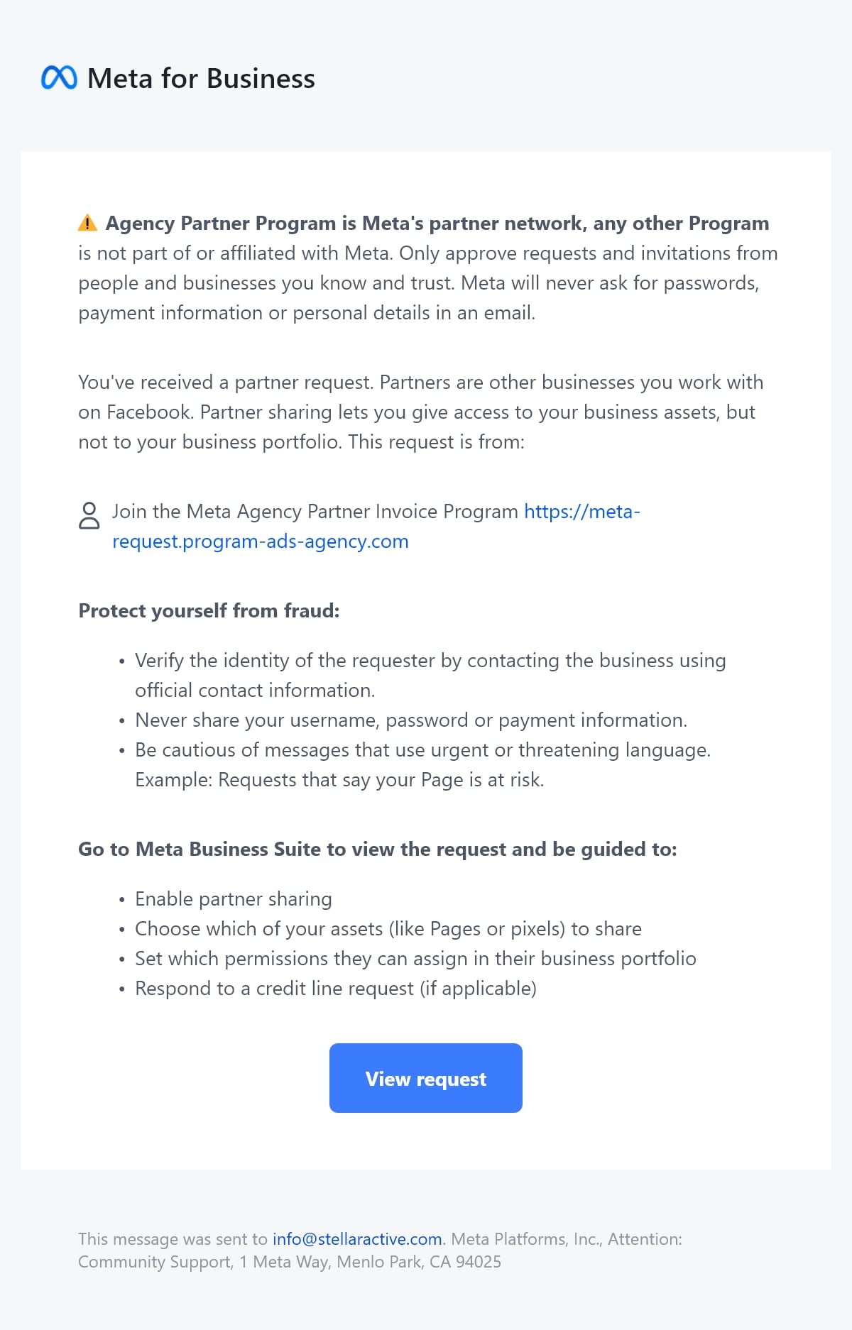 Fake Facebook Business Manager Request Email